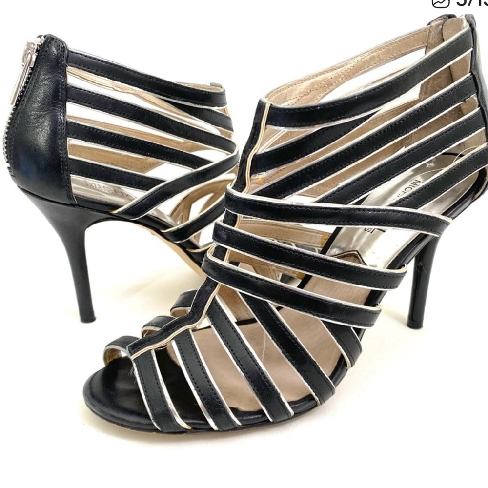 Michael Kors Strappy Booties Heels Stilettos 7.5 M Black Peep Toe Zip Up